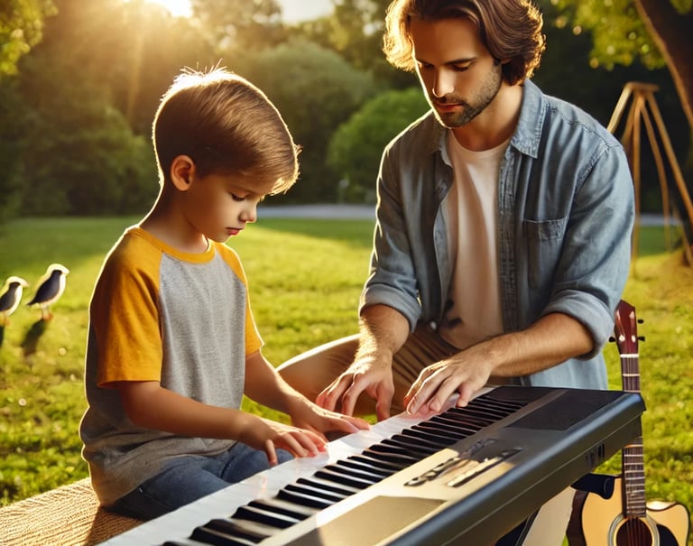 A keyboardist teaches a young boy with autism to play keyboards.