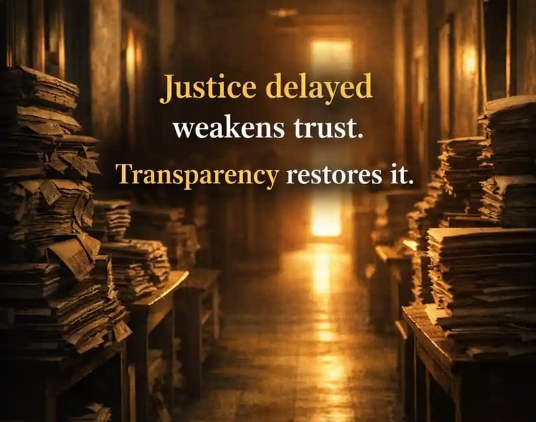 Government corridor with stacked files and dim light symbolizing delayed justice and administrative accountability.