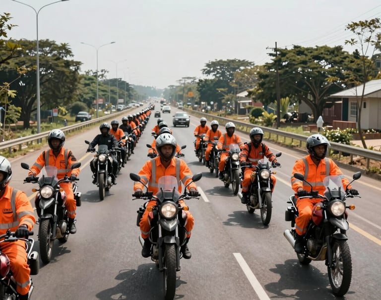 Dispatch riders in high-visibility safety orange gear operating in structured formations on the Agbara-Atan Expressway, high-contrast midday sun.