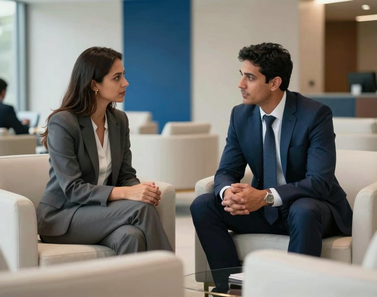 A professional in a South American / Brazilian executive lounge discussing strategy with a colleague. They are both dressed in contemporary business attire. The environment is refined with soft off-white furniture and steel blue decorative elements.