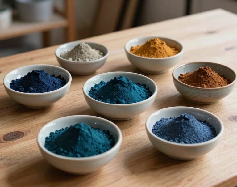 A studio-lit photograph of various pigments in ceramic bowls on a wooden table in a Northern European / Welsh / British art workshop. The powders include deep midnight teal, warm ochre, and slate blue. The scene is sophisticated and artistic, with soft shadows and a clean, minimalist composition.
