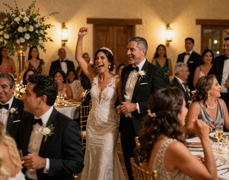 A candid and artistic photography of guests in high-end attire celebrating at a luxury wedding reception in a Hispanic / Spanish-speaking setting, warm golden lighting, capturing joyful movements and laughter.