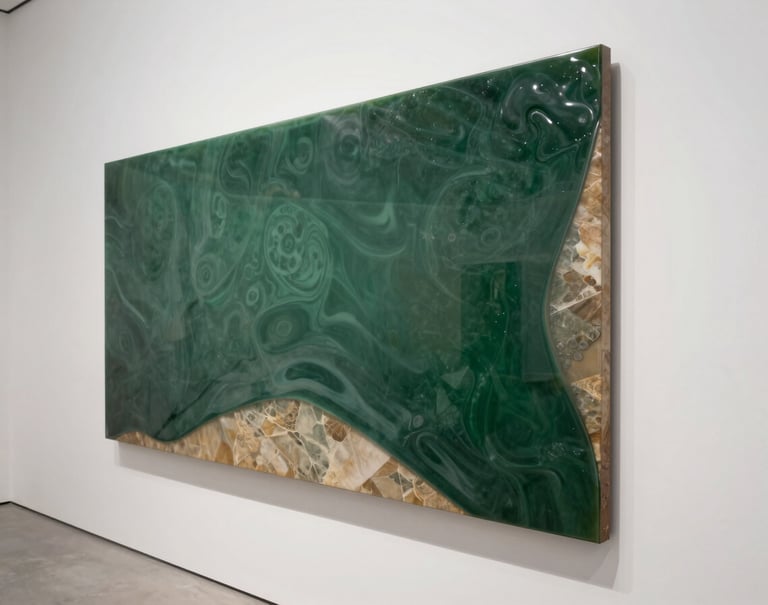 A side-profile shot of a finished resin panel, showing the thick, glossy edge and the way the colors wrap around the sides. The colors are deep forest green and warm stone, placed against a minimalist white gallery wall in a International / Global city.