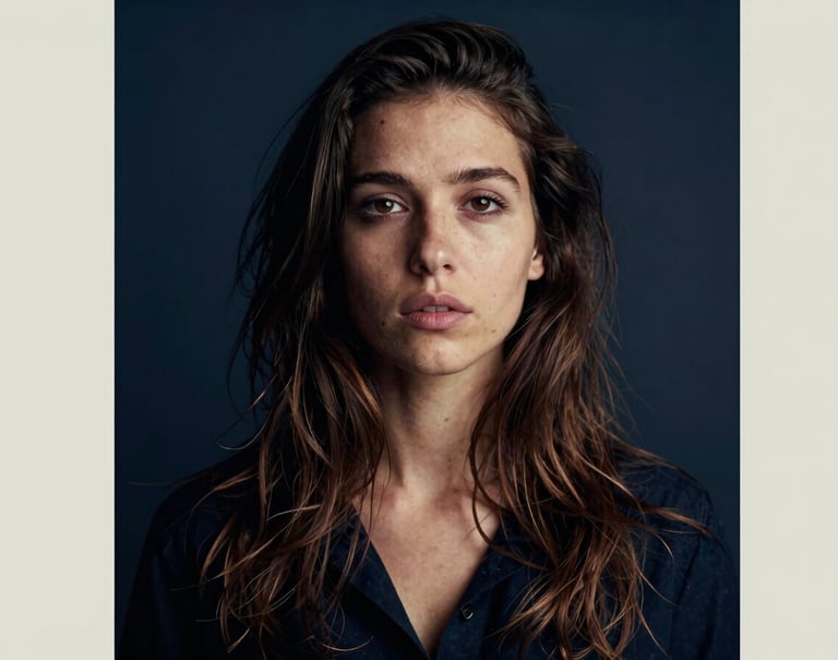 A moody, artistic portrait in a North American / US studio, using soft off-white lighting to contrast against a deep navy background. The subject shows a vulnerable yet powerful expression, capturing the duality of transformation and identity.