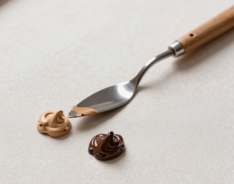 Close-up photography of artistic tools in a professional studio. A palette knife rests beside small mounds of oil paint in shades of tan and muted brown on a textured canvas. The style is artistic and curated, showcasing the process of creation in an International / Western context.