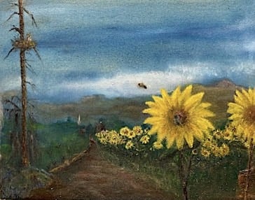 a painting of sunflowers in a field