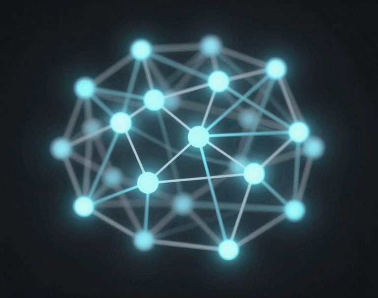 An abstract visual representation of a neural network using glowing particles in the brand palette #E6EFF5 and #7A8C9E, deep shadows for depth.