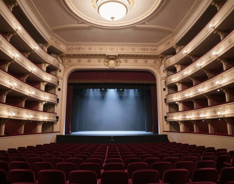 A wide-angle shot of a majestic European opera house interior. The plush seats are deep burgundy (#6B242D) and the architecture features soft sand (#DDCBC0) and light grey (#F2F0EB) details. The stage is bathed in a dramatic spotlight.