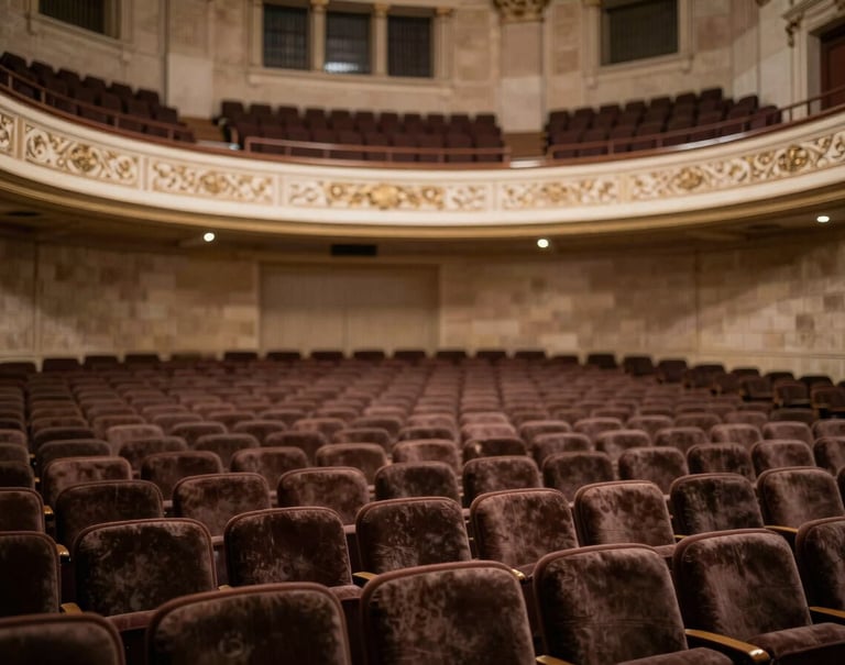 Interior of a grand concert hall in a Southern European / Spanish city, empty velvet seats, soft focus, warm stone taupe and deep charcoal coffee colors. Artistic and profound cultural depth.