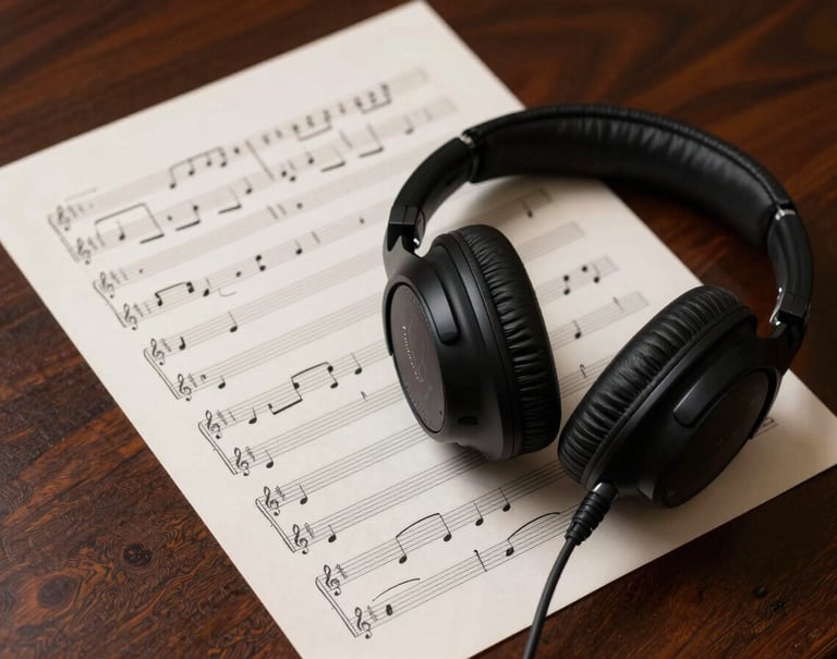 Professional studio headphones resting on a dark mahogany desk next to a neatly written sheet of musical scores. The scene is bathed in a soft off-white light, creating a calm and focused mood.