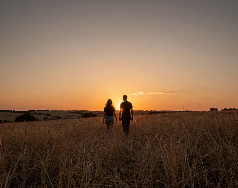 Wide cinematic shot of a couple walking through a field of dry grass at sunset, Iberian landscape, warm orange and charcoal tones in the sky, storytelling mood.