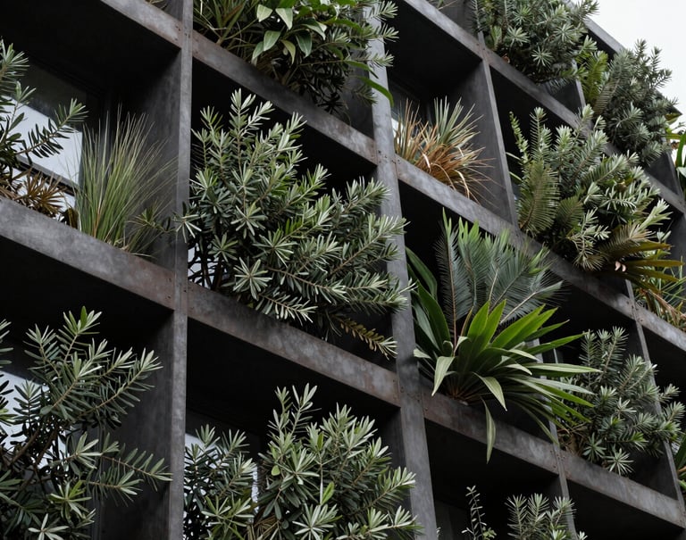 A detail shot of a biophilic architectural facade. Rich olive green plants are integrated into a dark charcoal metal structure. The lighting is crisp and clear, emphasizing the intersection of the organic and the built environment.
