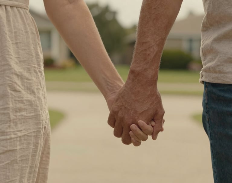 A cinematic detail shot of two parents' hands entwined while walking, shallow depth of field, North American / US suburban garden setting, warm golden light and soft sand textures.