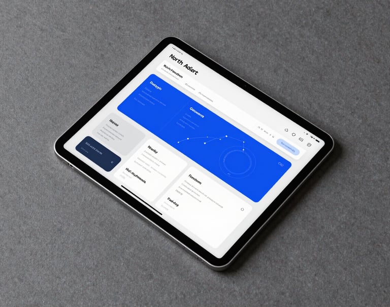 A top-down minimalist photography shot of a designer's desk in the North American / US, showing a sleek silver tablet displaying a clean mobile application dashboard with royal blue and slate blue UI elements.