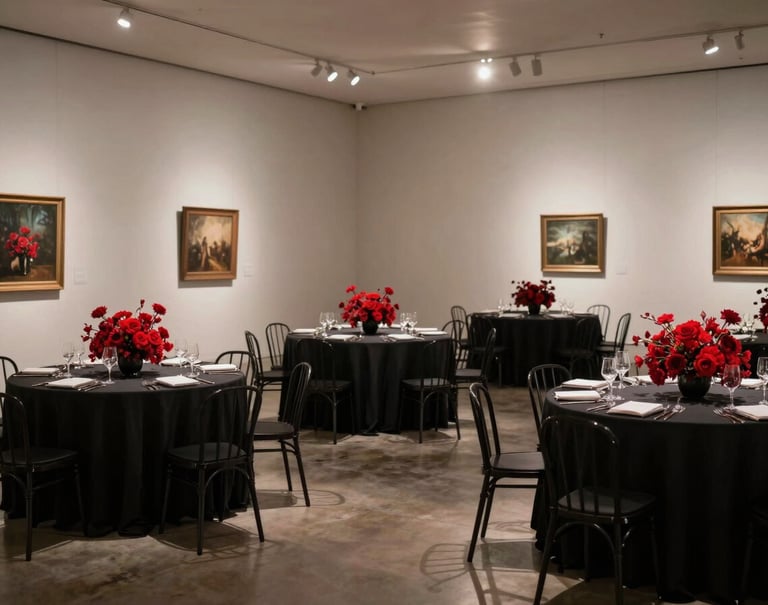 A wide-angle artistic shot of a wedding reception in a North American gallery, featuring sleek black tables and vibrant red floral centerpieces, moody atmospheric lighting.
