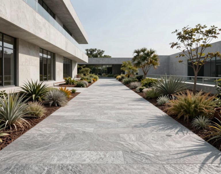 Exterior shot of a walkway made of light silver gray stone. The path is flanked by low-impact local vegetation and clean architectural lines of the main building under a clear sky.
