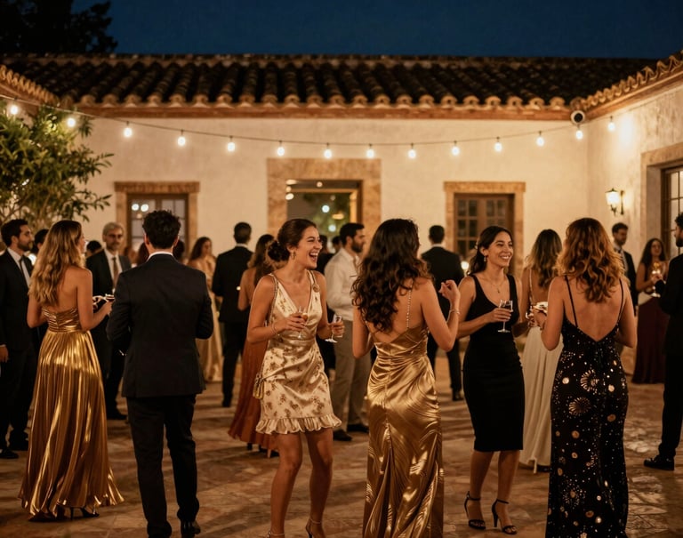 A dynamic shot of an upscale birthday celebration in a Spanish courtyard at night. Guests in sophisticated attire are seen in a moment of joy. Warm string lights contrast with the dark slate blue night sky. Deep shadows and gold highlights.