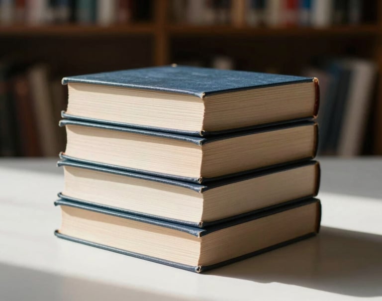 A stack of four elegant hardcover books on a minimalist Pearl White surface, illuminated by natural morning light in a South American / Brazilian library, symbolizing literary achievement.
