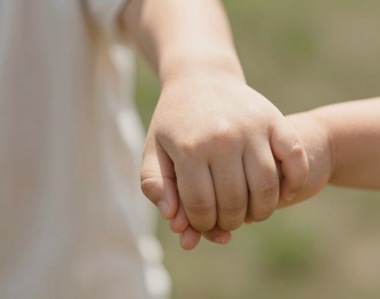 A detailed close-up shot of a small child's hand holding a parent's hand. Soft focus on the background. Warm, natural skin tones and sun-drenched lighting.