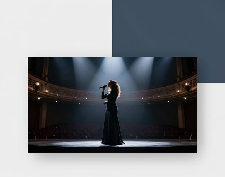 A dramatic wide shot of Maylin Cruz performing on an opera house stage, seen from the side wings. The silhouette of the singer is highlighted against the stage lights, using a palette of #2B2D42 and #F5F0EC.