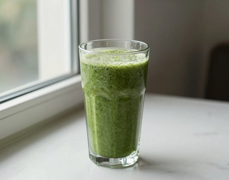 A lifestyle shot of a healthy green smoothie in a glass, placed on a table next to a window. The color palette features moss green and alabaster whites, creating a refreshing and clean fitness aesthetic.