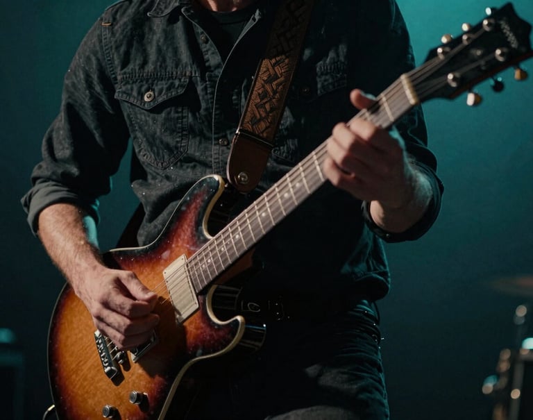 Action shot of hands playing a guitar solo, motion blur on the fingers, dark and moody rock aesthetic, deep sea teal backlighting, cinematic grain.