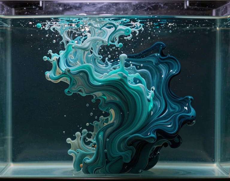 An abstract, high-speed photograph of fluid liquids in Deep Atlantic Teal and Dark Midnight Navy swirling together in a clear tank. The motion creates a nebula-like structure, representing the fluidity of data. Soft studio lighting creates depth and highlights the viscous texture.