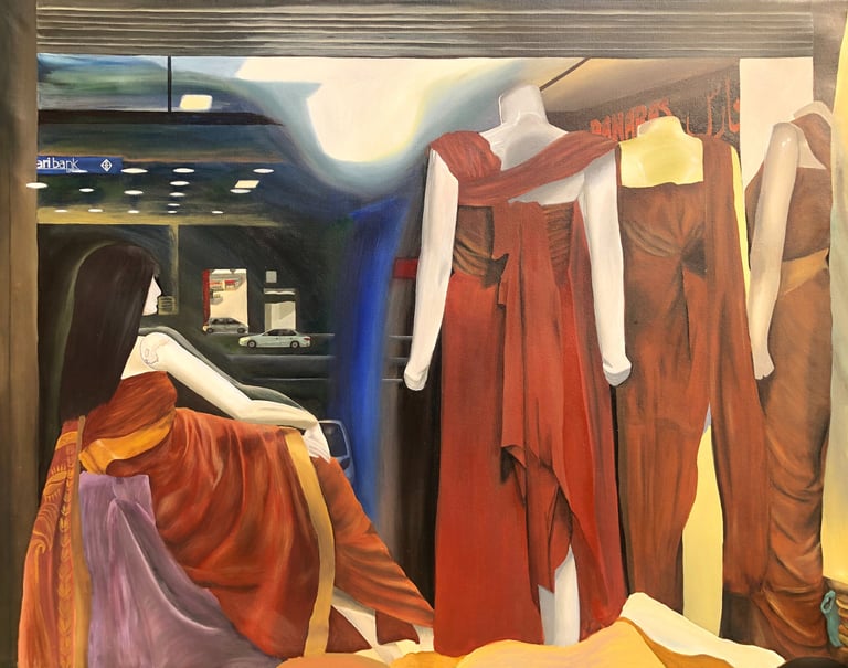 Acrylic painting of three female mannequins gazing out the street