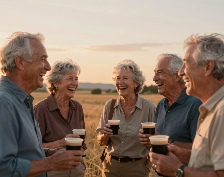 A group of senior friends laughing together in a field during a North American sunset, capturing a moment of pure joy and togetherness, warm espresso and sand color palette.
