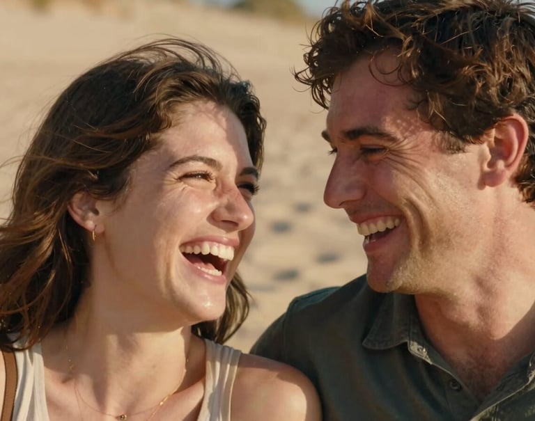 A close-up of a couple laughing candidly, authentic emotion, North American / US setting, warm sun-drenched highlights against a soft warm sand background.