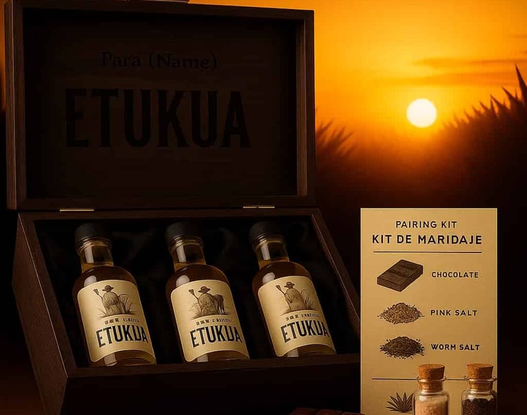 Caja de regalo de madera Etukua abierta mostrando tres botellas pequeñas, kit de maridaje y tarjeta 
