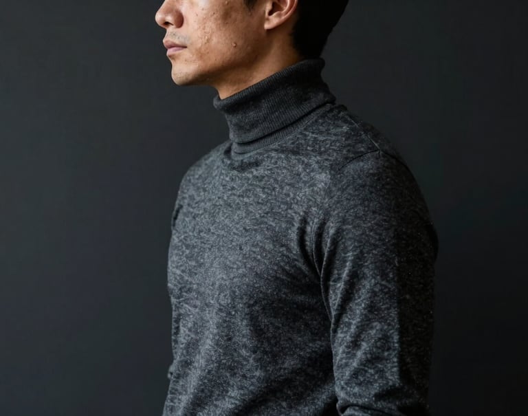 A profile view of a man in a dark slate grey turtleneck, standing against a deep charcoal black wall. Cinematic lighting creating a sharp silhouette.