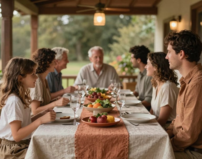 A lifestyle photograph of an intimate family dinner on a rustic North American / US patio. Soft Sand linens and Terracotta accents create a warm, inviting atmosphere. Authentic expressions and cinematic bokeh from overhead warm lighting.