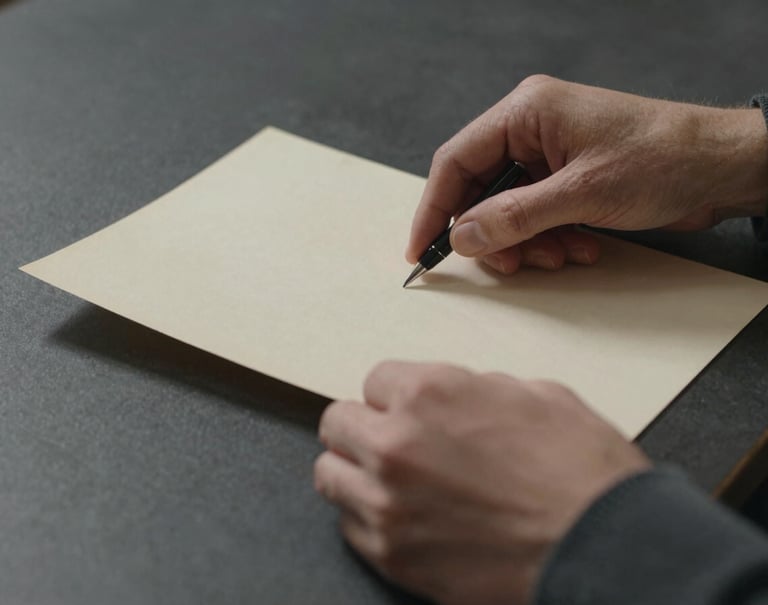 A close-up of a person's hands wearing a charcoal sleeve, carefully handling a soft sage-colored archival document over a dark charcoal table. The scene implies scholarly research and meticulous care.