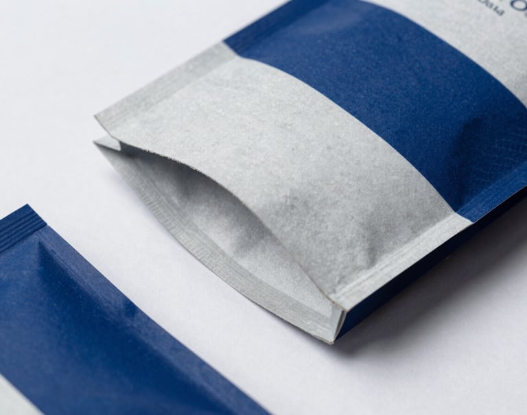Detail of high-quality branded packaging materials on a soft white background, featuring steel blue accents and subtle paper textures, professional lighting, International / Western design style.