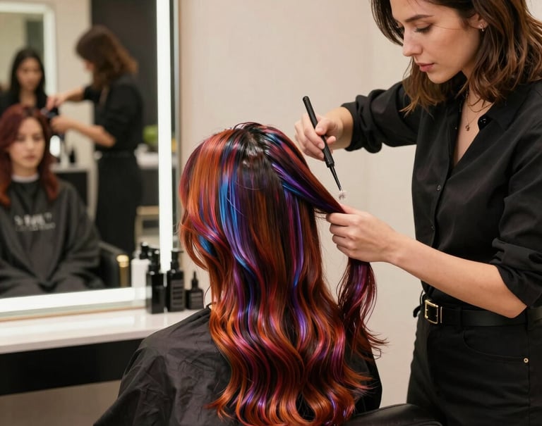 A client with beautifully styled hair, smiling confidently in the salon chair.