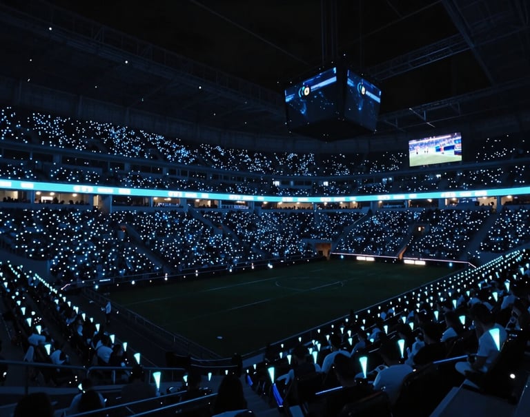 A low-angle shot of a massive esports arena audience during a live broadcast. The stadium is filled with glowing blue and white lights (#8EA7BF, #EAF0F5). The atmosphere is energetic and professional.