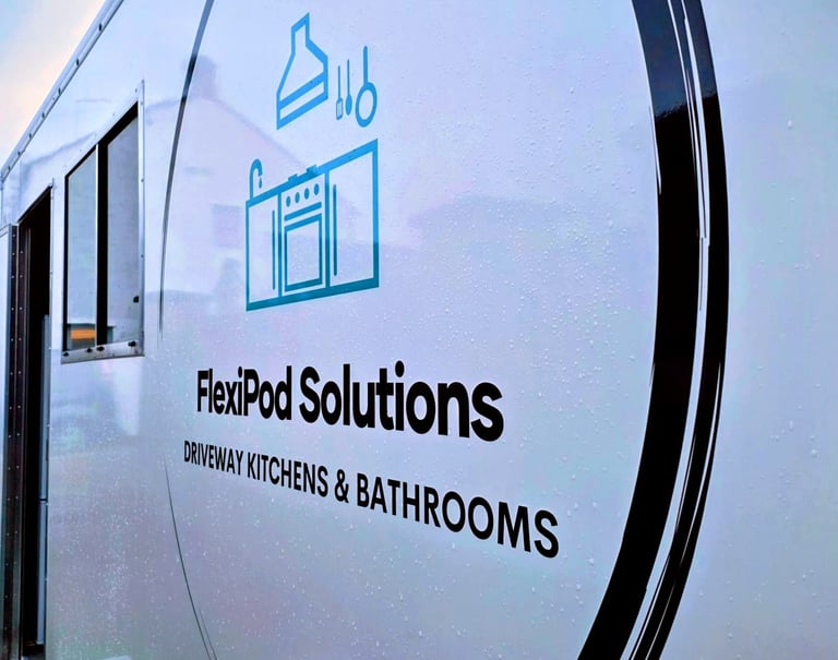 Exterior of a temporary bathroom pod branded by FlexiPod Solutions, supplied for insurance claims and renovation projects.
