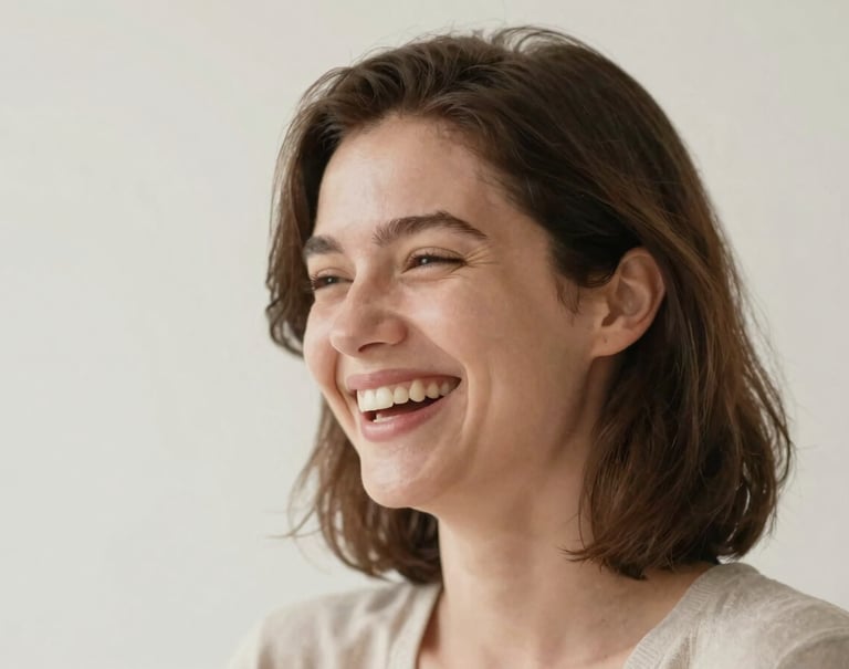 A warm, candid portrait of a woman laughing softly, her face partially turned toward a gentle light source. Minimalist background. Style is authentic and timeless. Palette uses #3F322A and #F8F5EF.