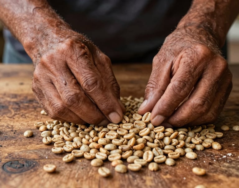 Close-up of weathered hands in a South American setting carefully sorting sun-dried tan coffee beans on a rustic wooden surface. Authentic craftsmanship and warm, inviting lighting.