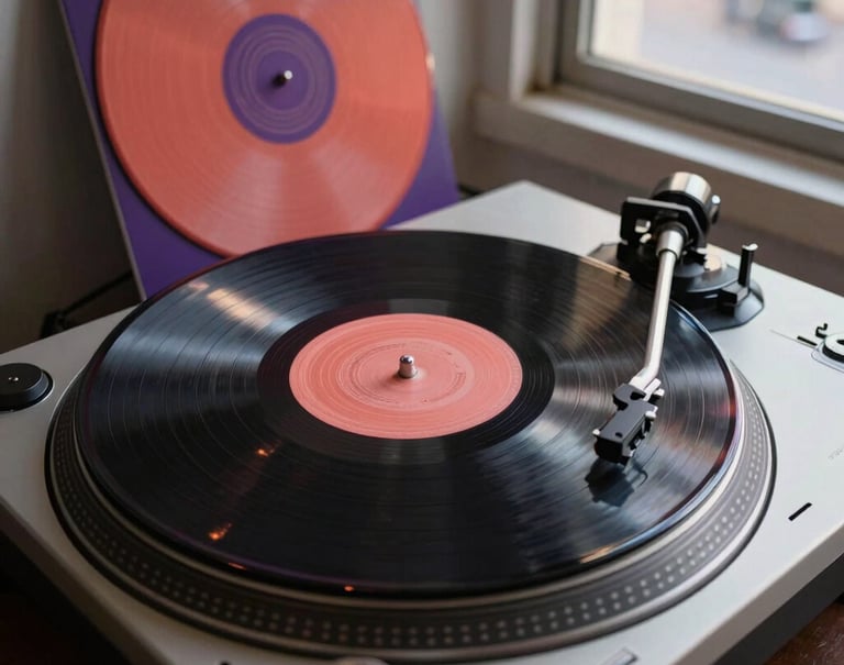 A detailed shot of vintage vinyl records and a turntable in a contemporary urban South American / Venezuelan apartment, evening light streaming through the window. Palette colors used: Coral and Medium Purple.