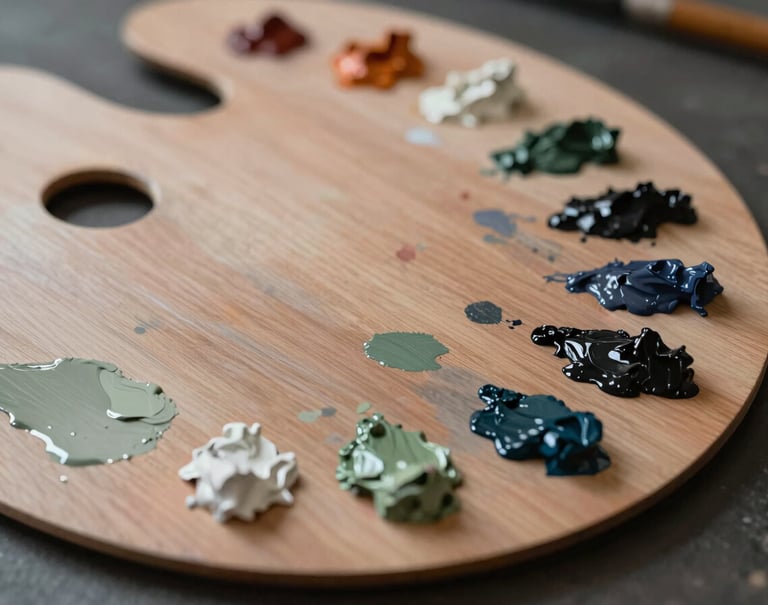 A close-up of a wooden artist palette covered in thick oil paint smears of #6B705C, #C8C0B2, and #1A1A1A. The lighting is soft and artistic, highlighting the texture and richness of the pigments used for the featured work.