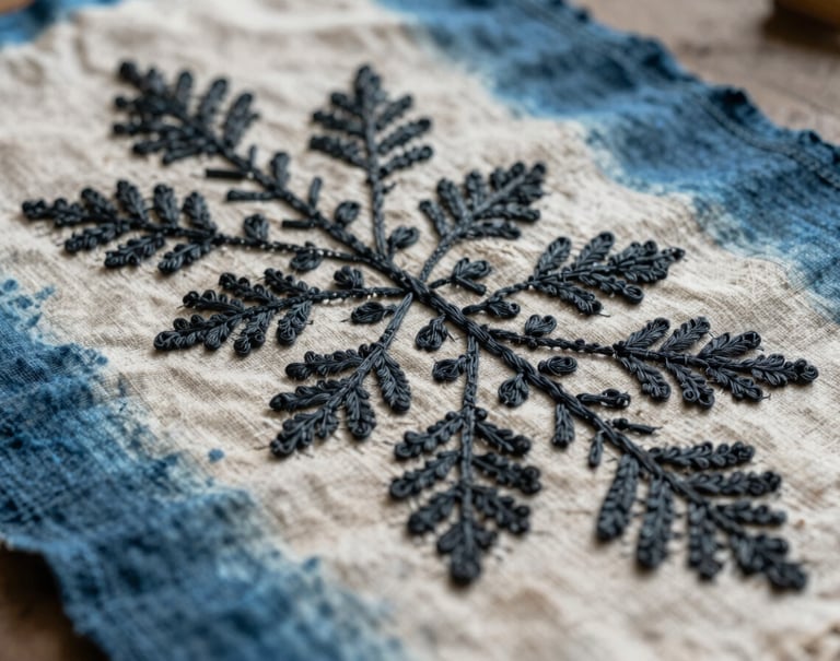 Macro photography of traditional Pakistani embroidery techniques applied to an indigo-dyed linen, with charcoal black thread work, captured in soft, diffused daylight.