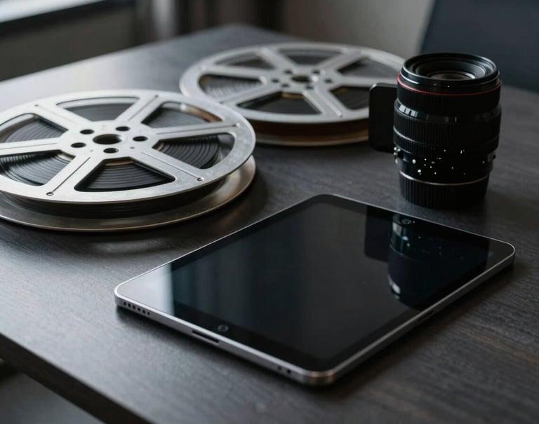 An elegant still-life photograph of professional film reels and a sleek modern tablet resting on a dark, polished desk in a North American office. The lighting is cinematic and low-key, emphasizing textures of slate grey and polished black.