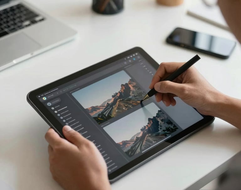 The hands of a designer in a South American creative studio working on a sleek digital interface, using a professional tablet in a bright, minimalist space.