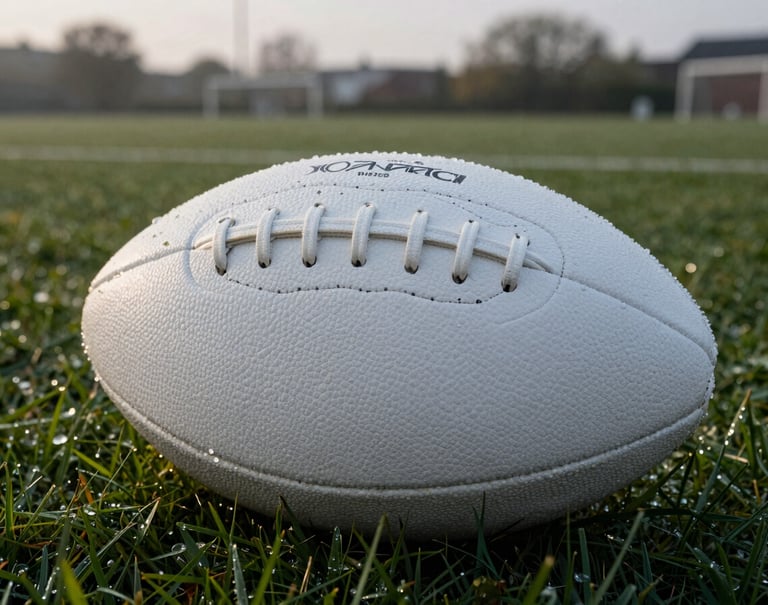 A close-up, high-contrast shot of a white leather football sitting on dew-covered grass in a Dutch training facility, early morning light, moody atmosphere, storytelling photography.