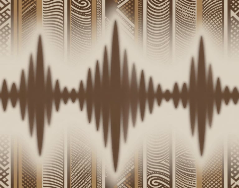 Abstract visual of audio waves blending into traditional Nigerian textile patterns. The palette features #8D765D, #3D2C20, and #F5F5EB, representing the fusion of modern sound and cultural heritage.