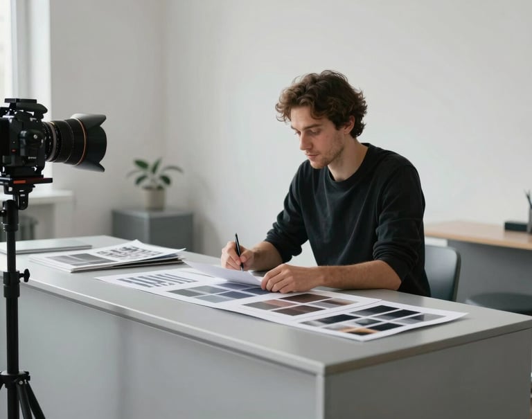 A creative professional reviewing a portfolio in a modern Central European studio environment, minimalist interior with light silver grey furniture, soft natural lighting.