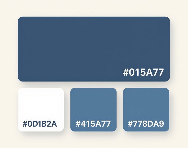 A set of brand color swatches showcasing #0D1B2A, #415A77, and #778DA9 arranged artistically on a light #E0E1DD background. Minimalist and creative composition.
