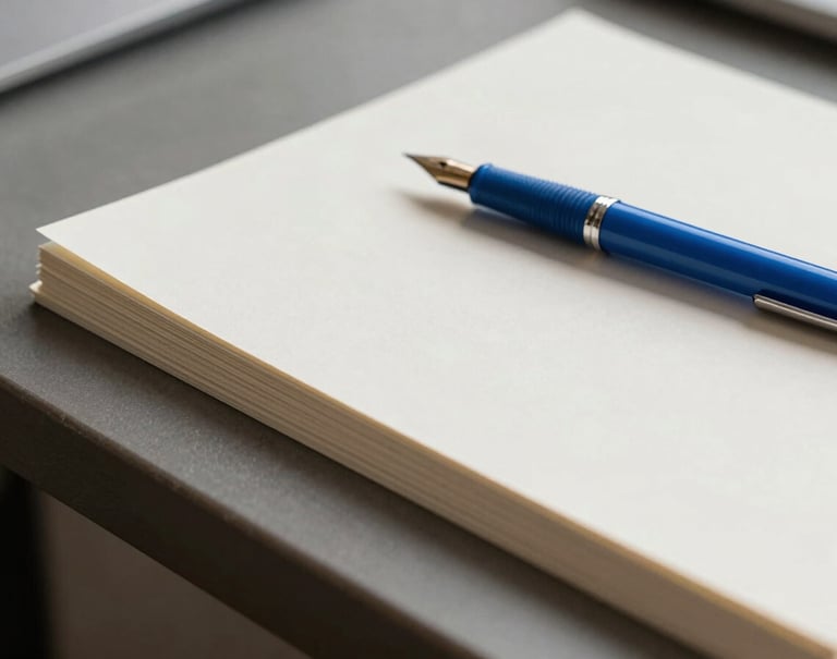 Detail shot of a minimalist workspace in a US creative loft. A stack of ivory paper sits next to a cerulean blue fountain pen. The lighting is crisp and natural, highlighting the elegant simplicity and professional atmosphere.
